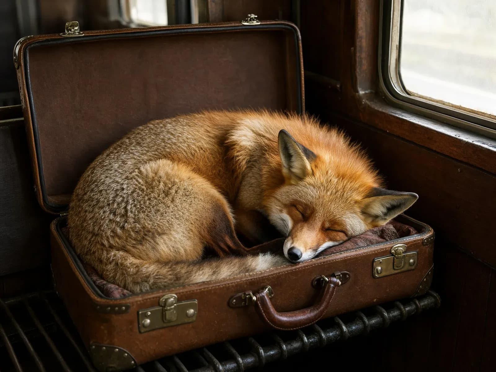 A red fox asleep in a vintage suitcase on a train