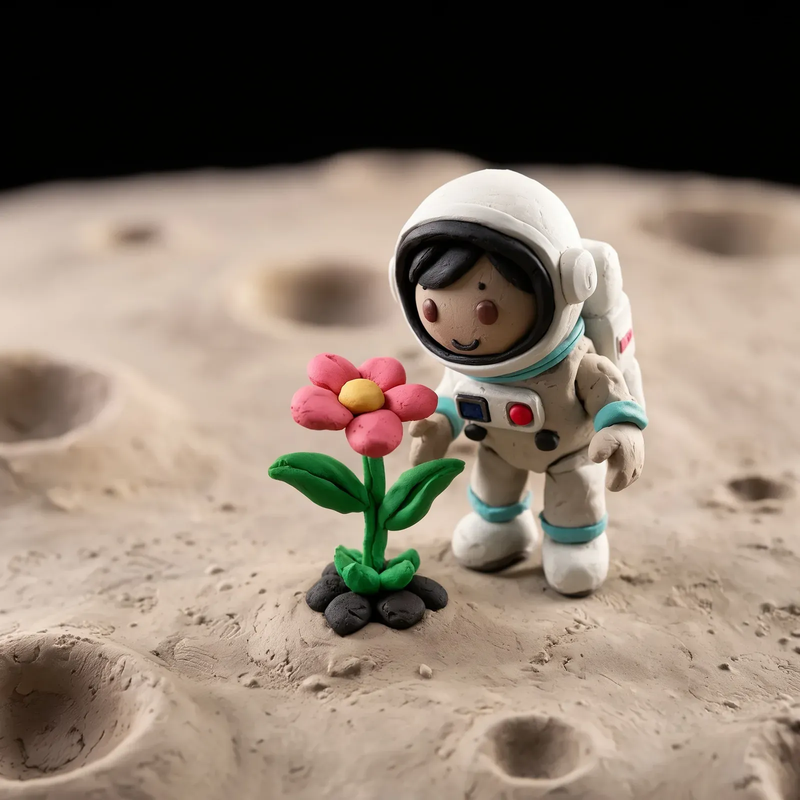 Claymation astronaut planting a flower on the moon