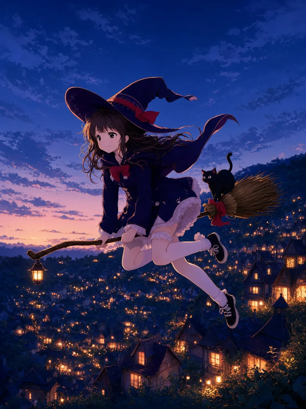 Anime witch flying over a town at dusk