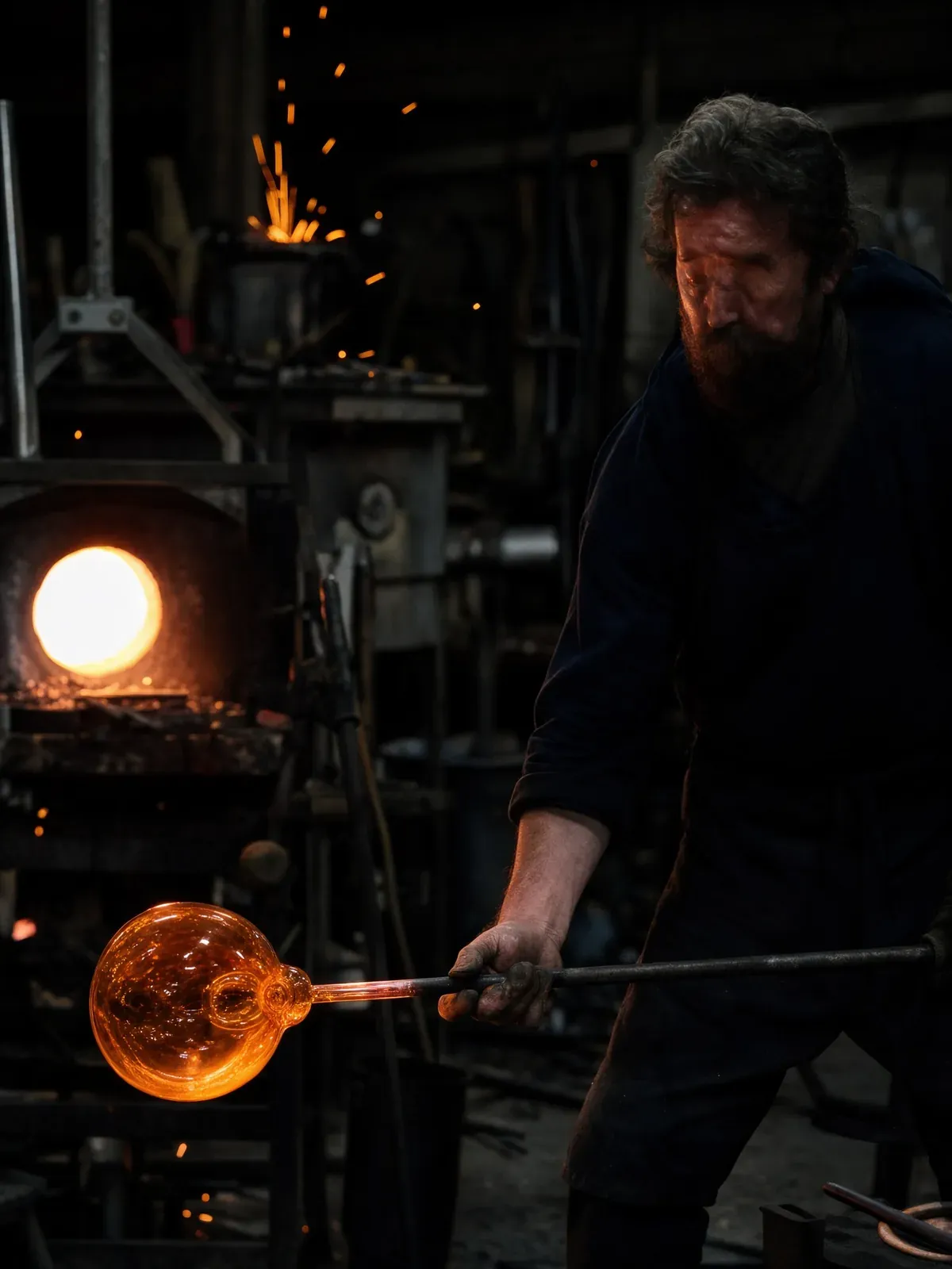 A glassblower shaping a glowing bulb in a dark workshop
