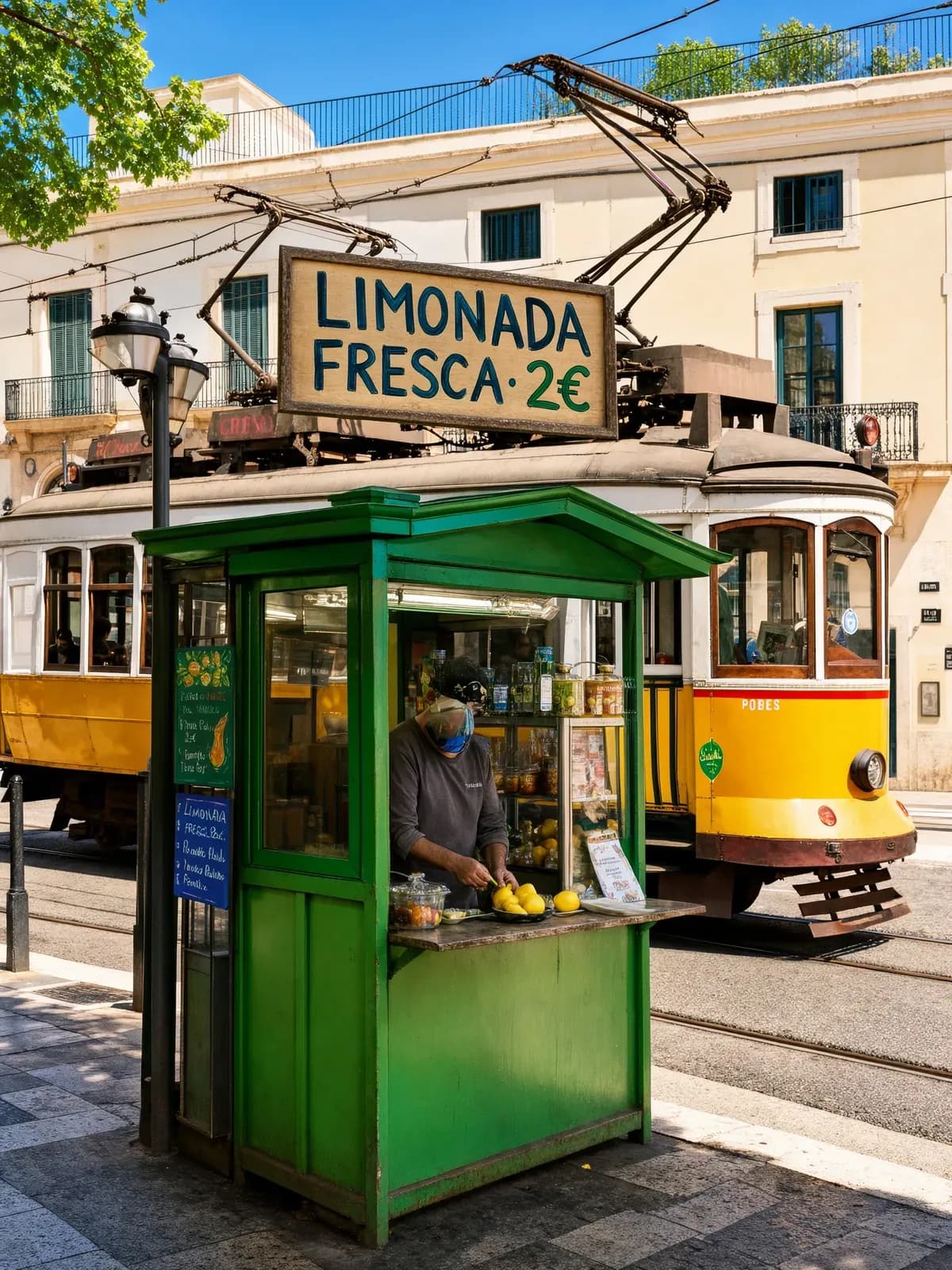 A green Lisbon kiosk with a sign reading LIMONADA FRESCA