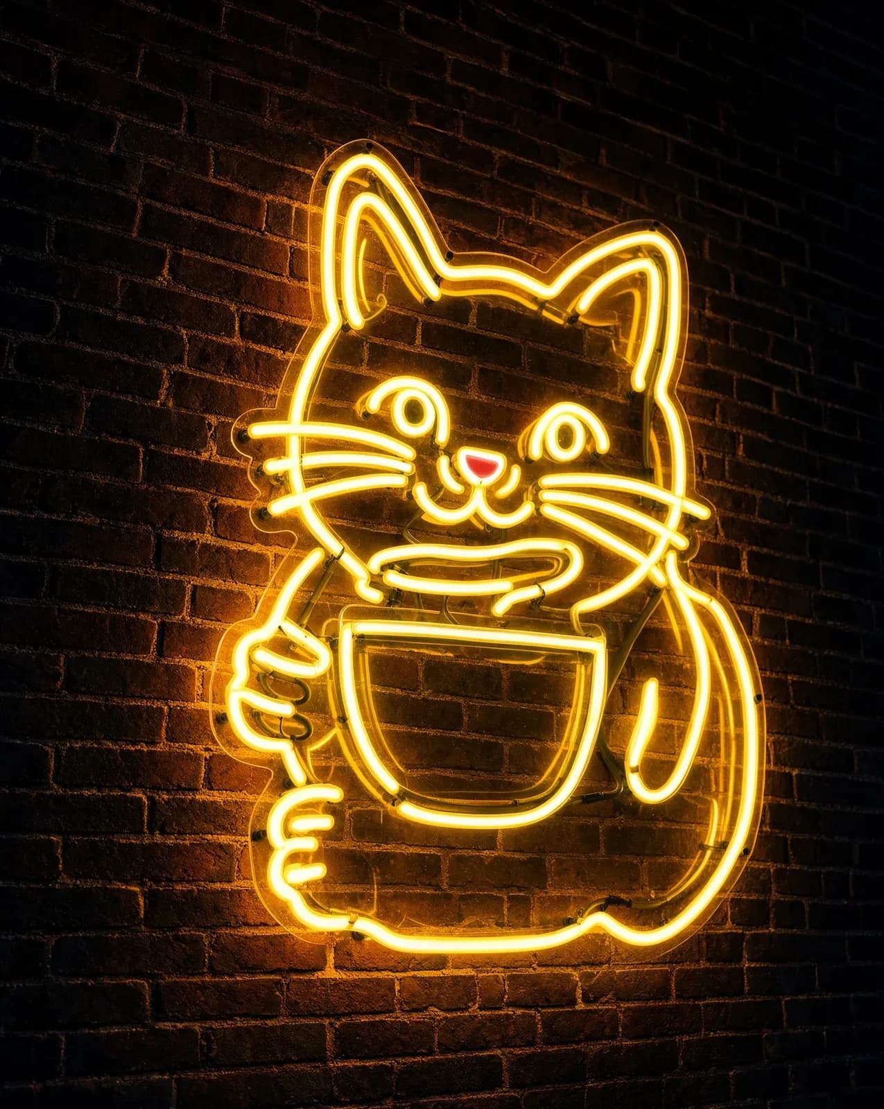 Neon sign of a cat holding a coffee cup on a brick wall