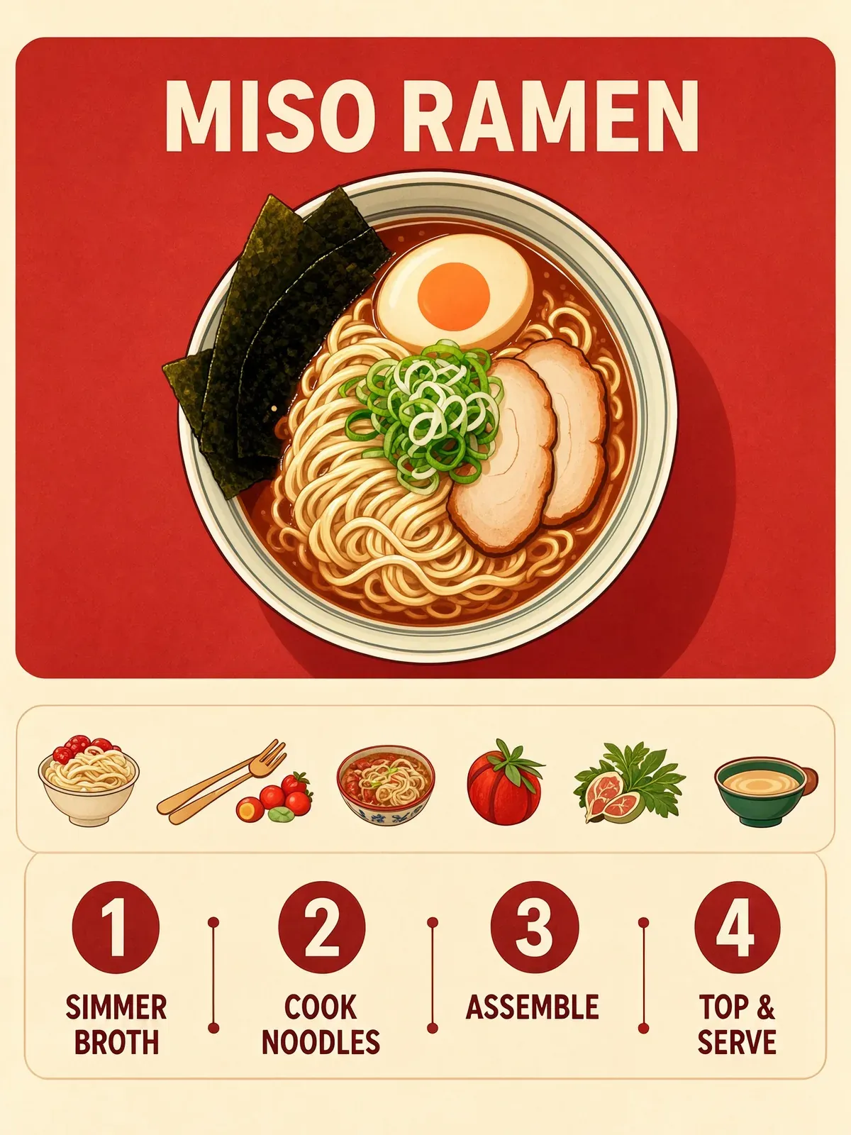 Miso ramen recipe infographic in four steps
