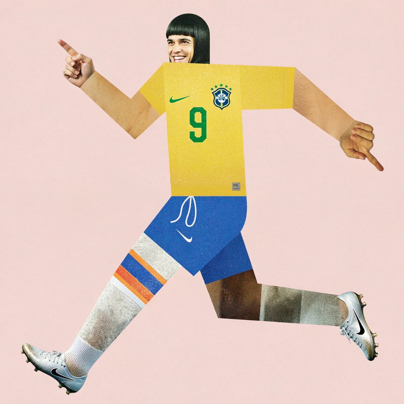 Collage illustration of a footballer in a yellow number 9 shirt
