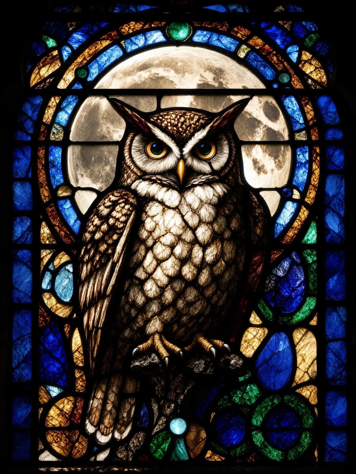 Stained-glass owl in front of a full moon