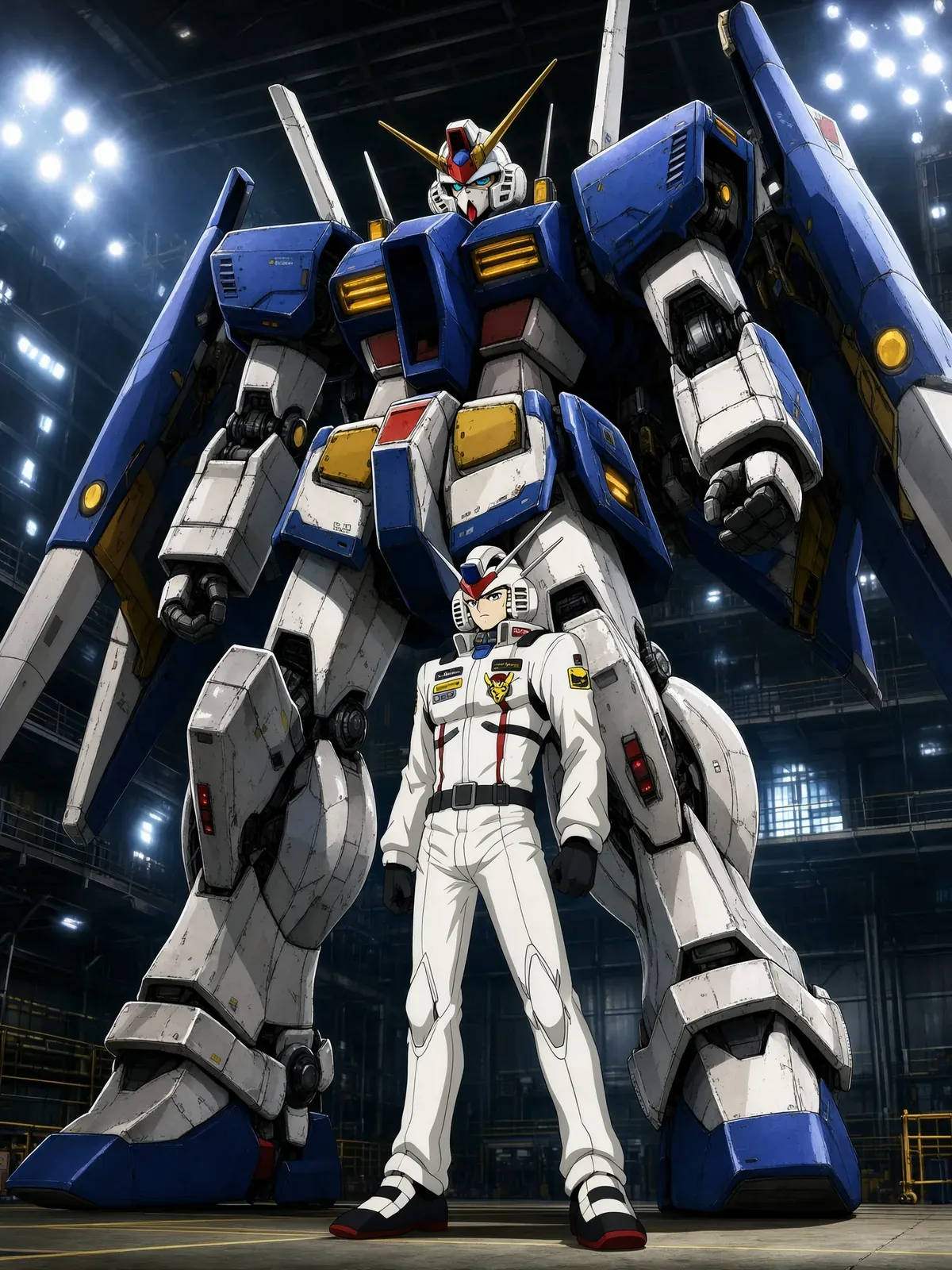Anime pilot in front of a giant mecha in a hangar