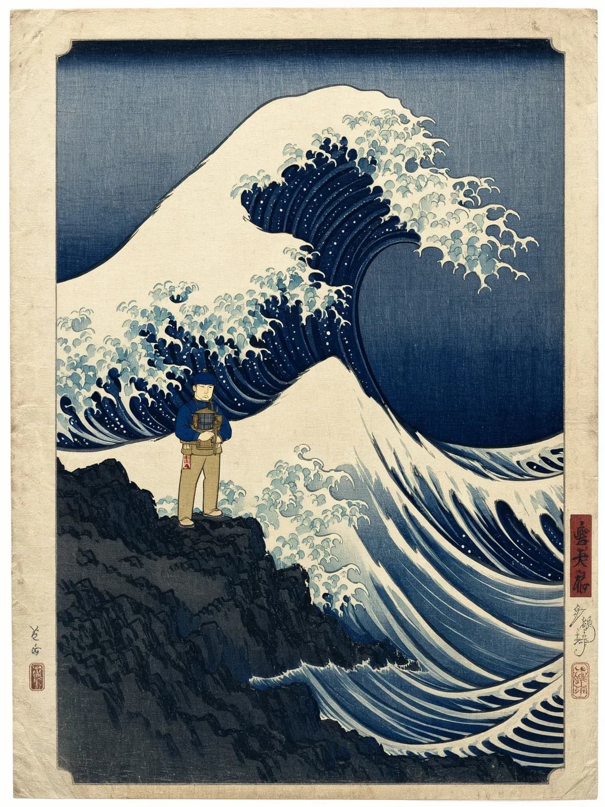 Ukiyo-e print of a lighthouse keeper in a storm