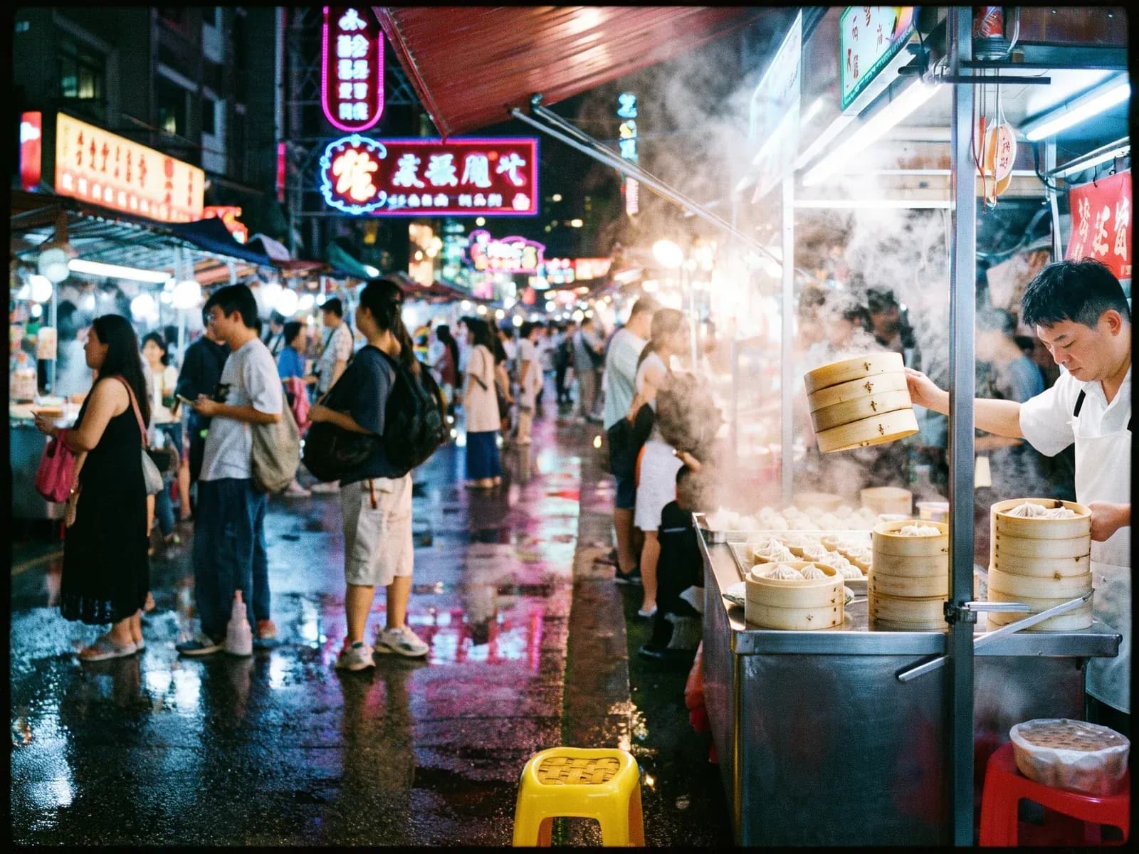 A steaming dumpling stall at a night market in Taipei