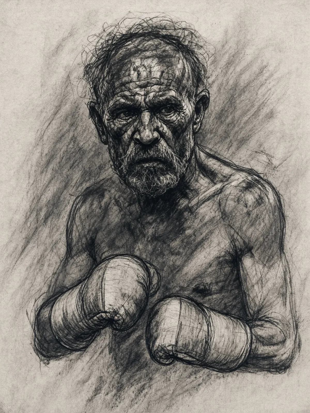 Charcoal sketch of an old boxer with taped hands