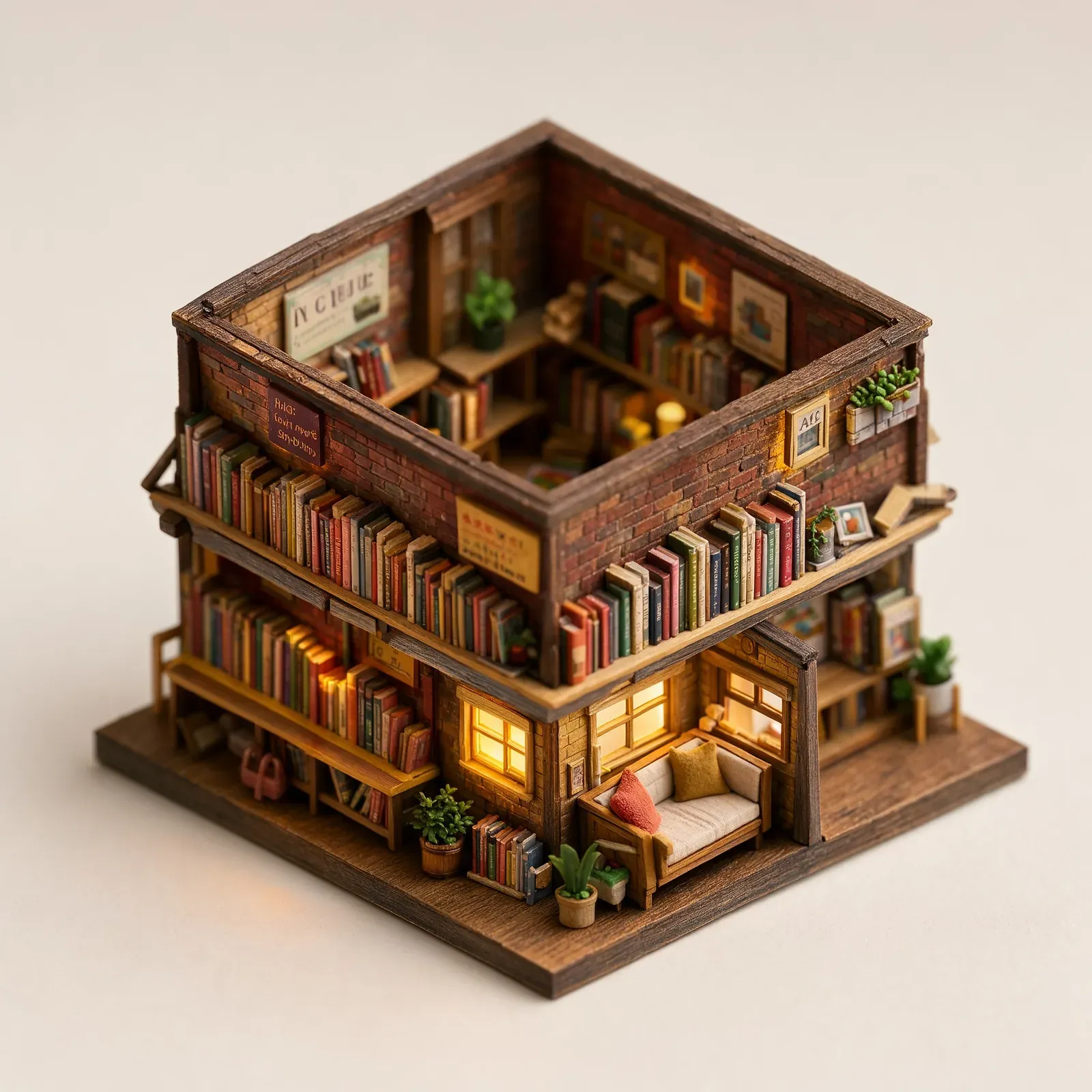 Isometric diorama of a tiny two-storey bookshop