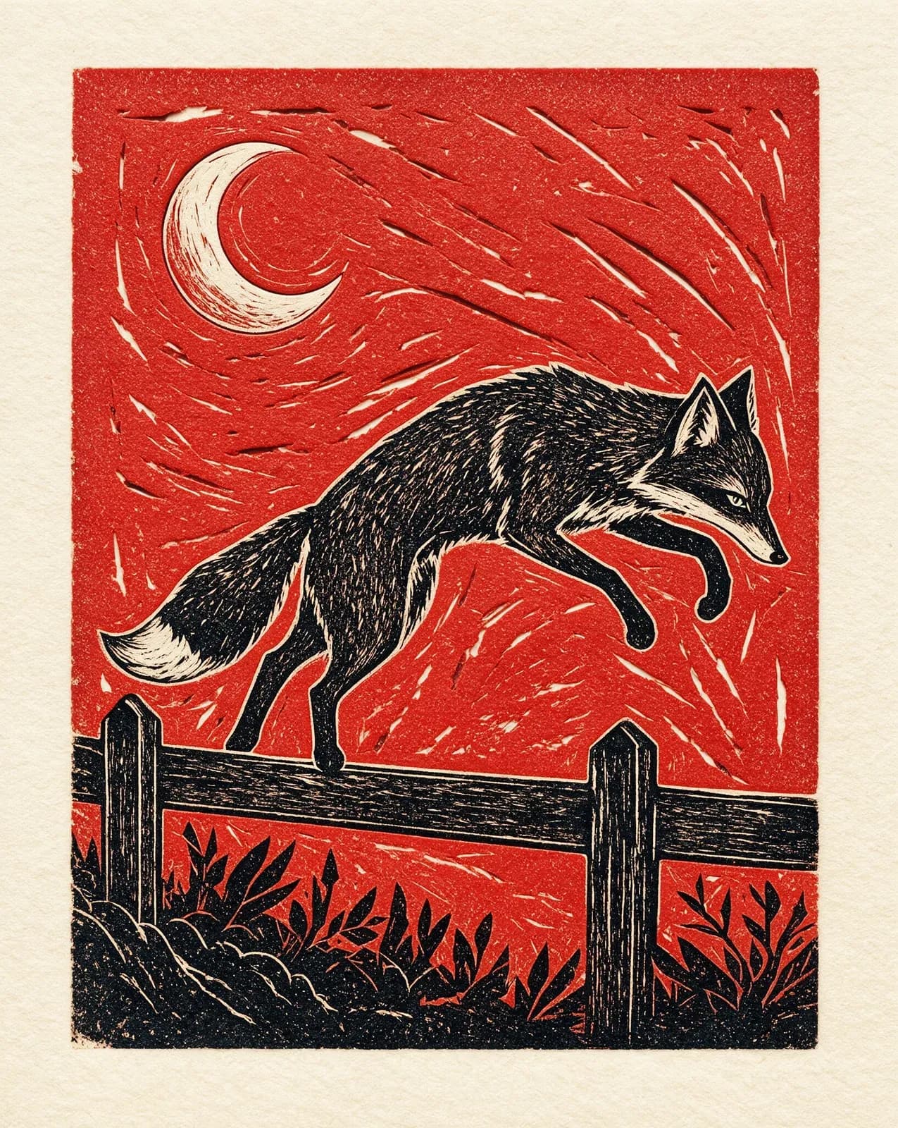 Red and black linocut of a fox leaping a fence