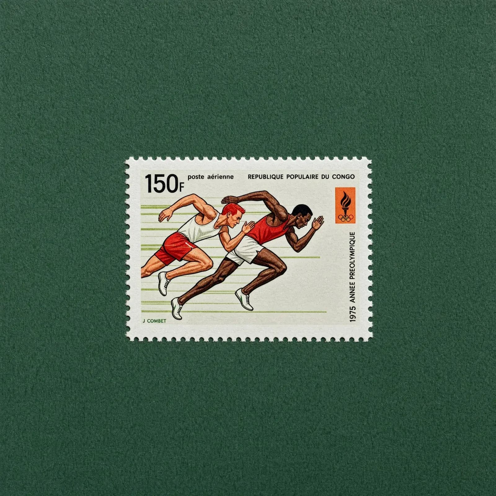 A vintage postage stamp of two sprinters mid-stride, centred on dark green felt.