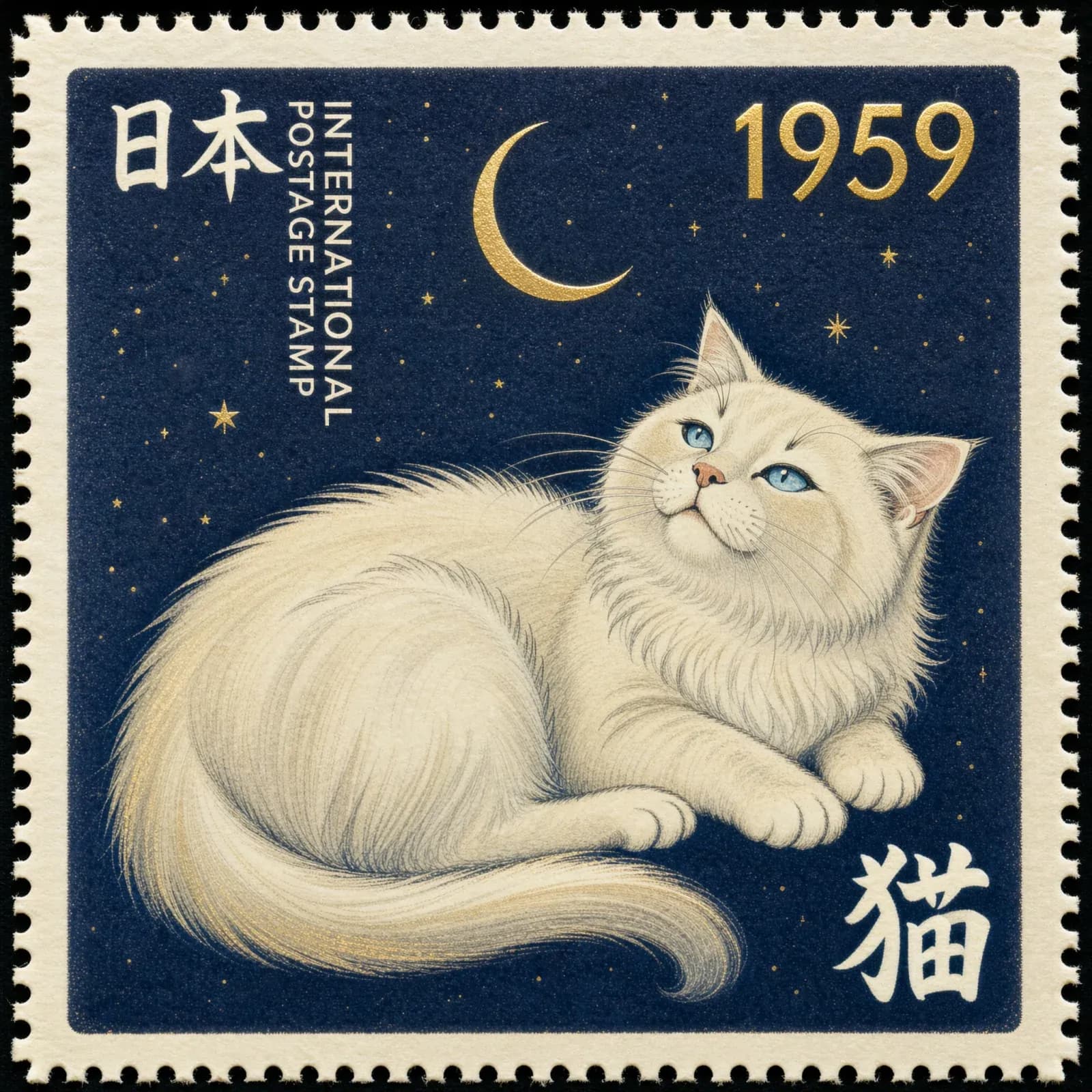 A navy postage stamp with a white long-haired cat under a gold crescent moon, the text 日本 INTERNATIONAL POSTAGE STAMP, the year 1959 and the kanji 猫