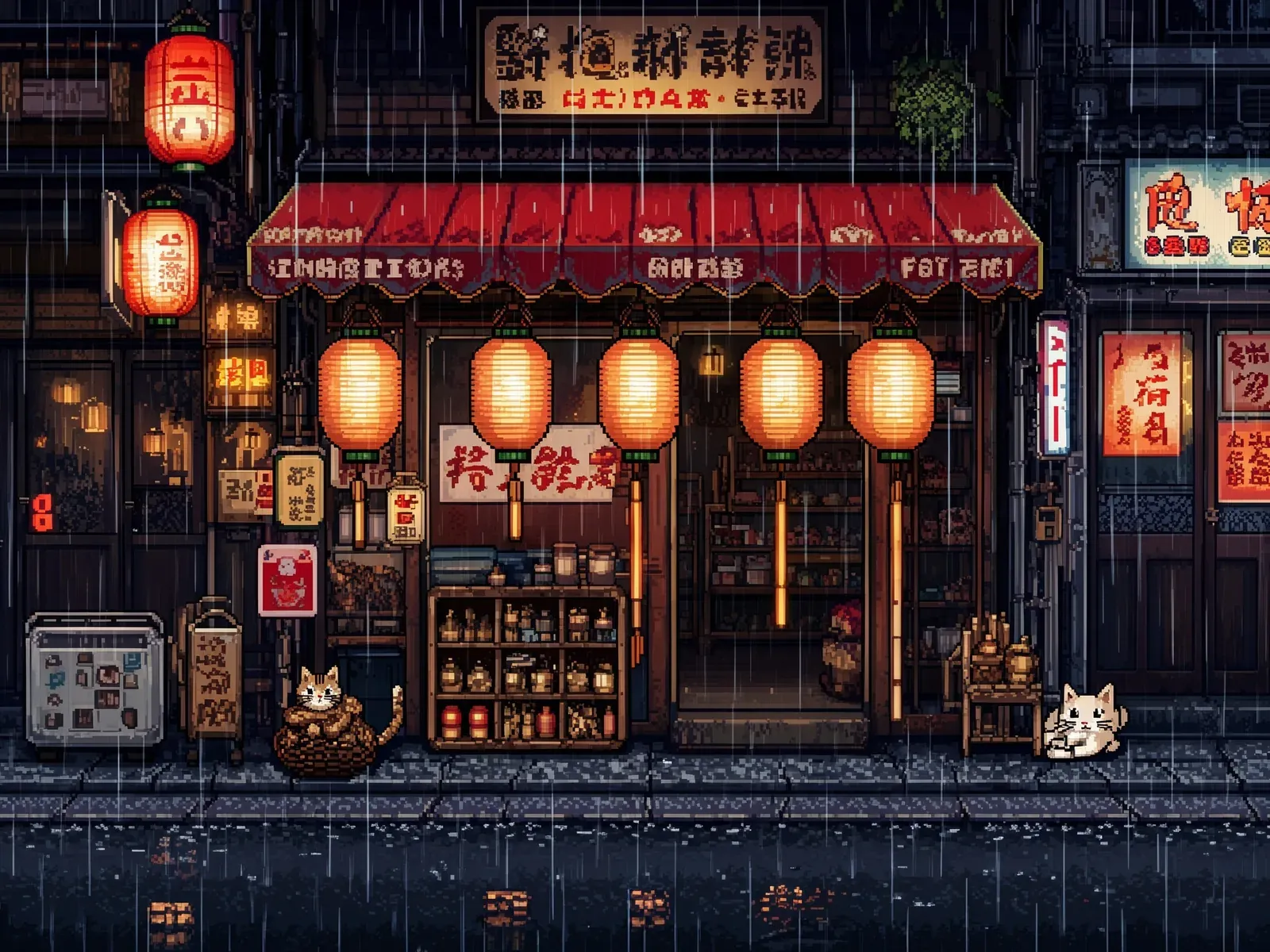 Pixel-art ramen street at night in the rain