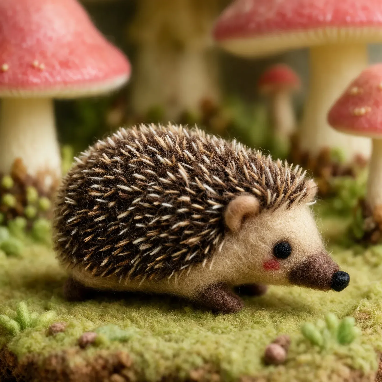 Needle-felted hedgehog in a mushroom forest