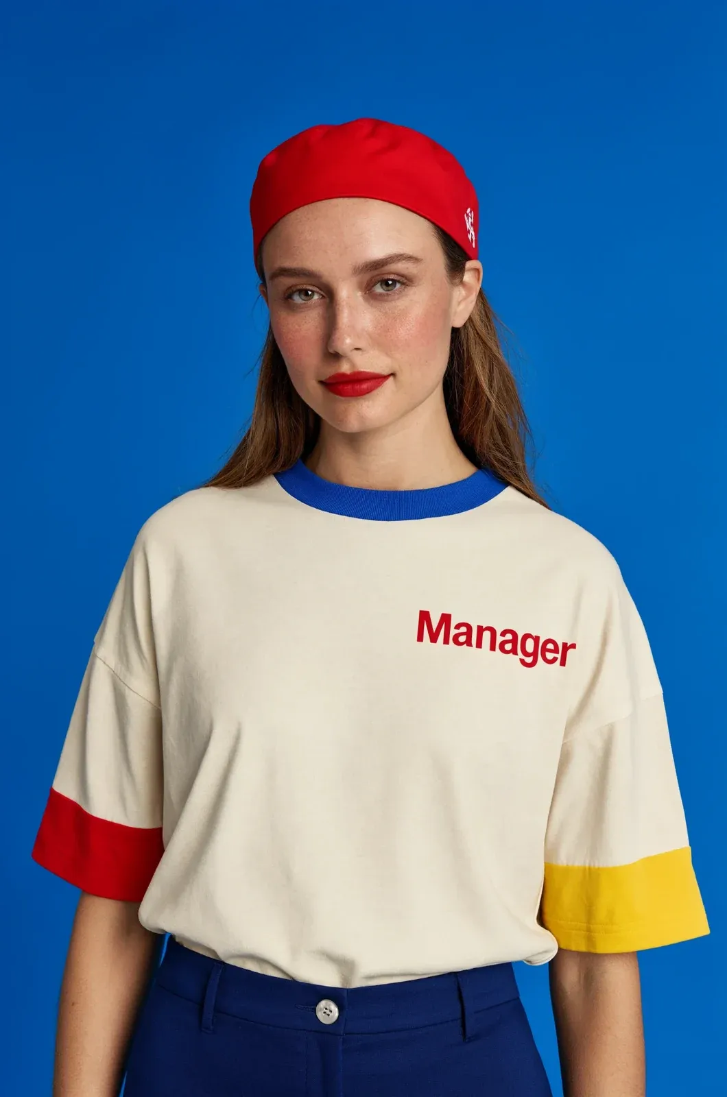 A woman in a cream T-shirt printed Manager in red, with red and yellow cuffs and a red cap, against cobalt blue.