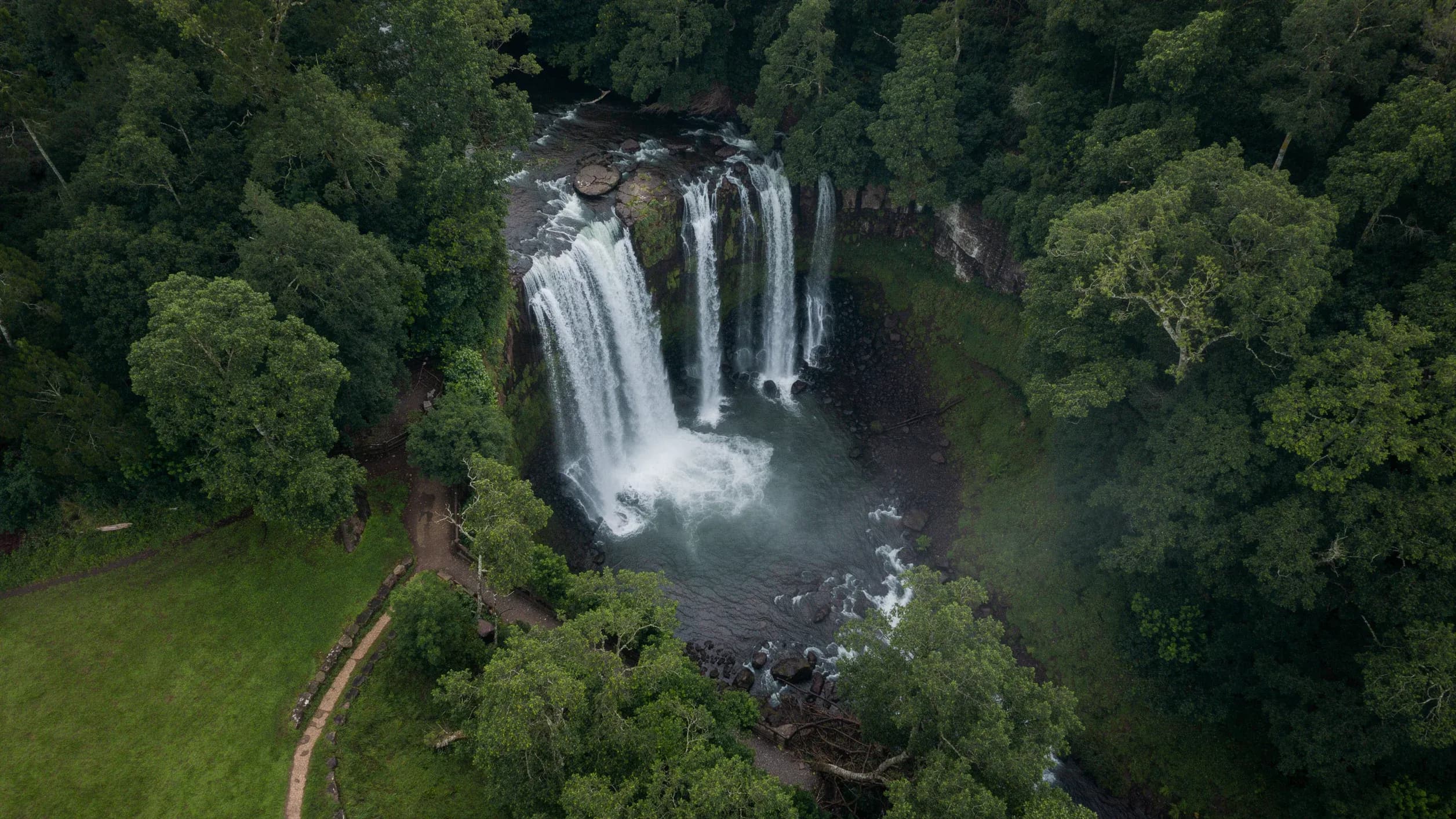 An aerial view of a waterfall in a dense green forest, with a path winding towards it.