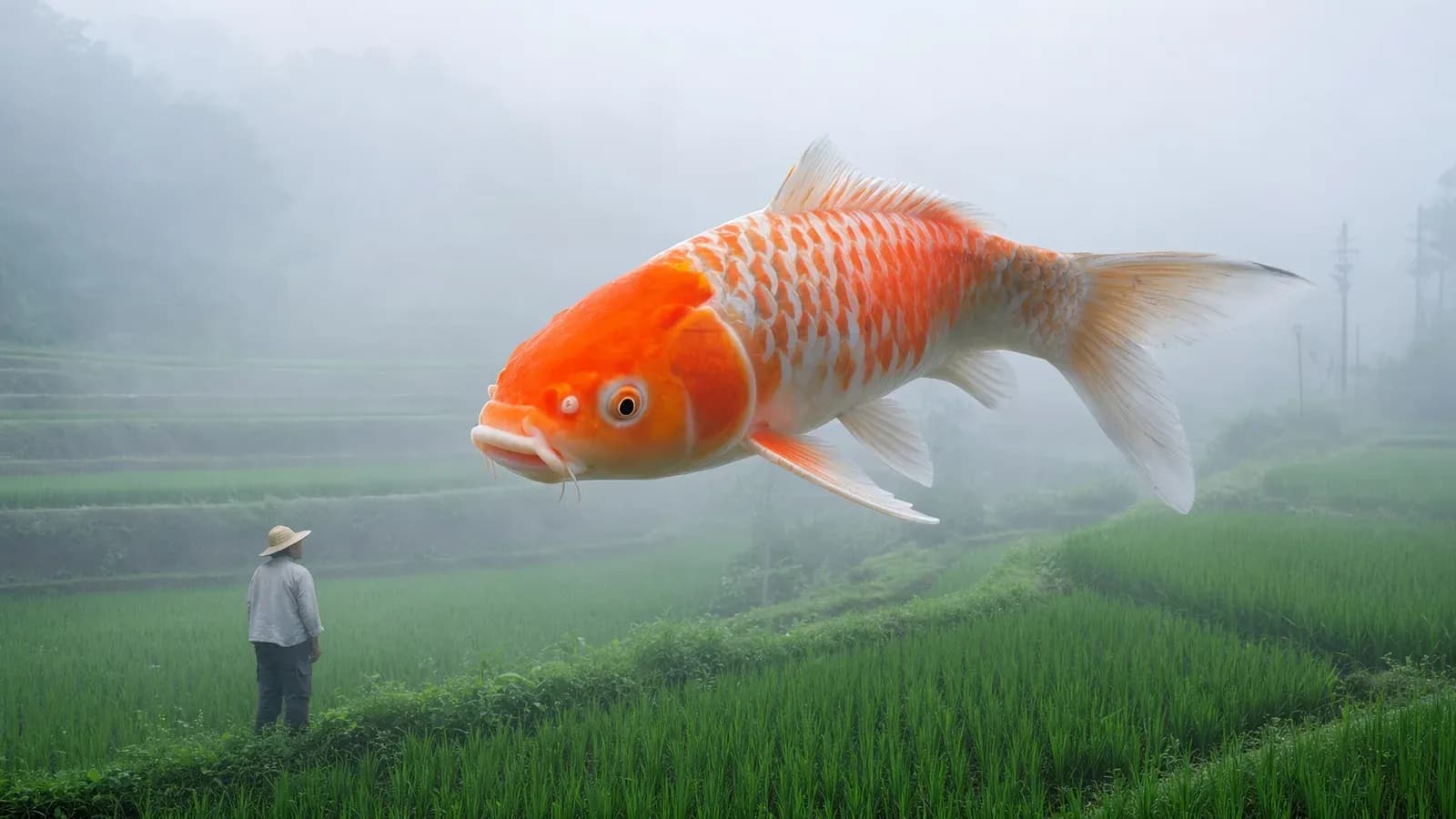A giant koi swimming through fog above rice terraces