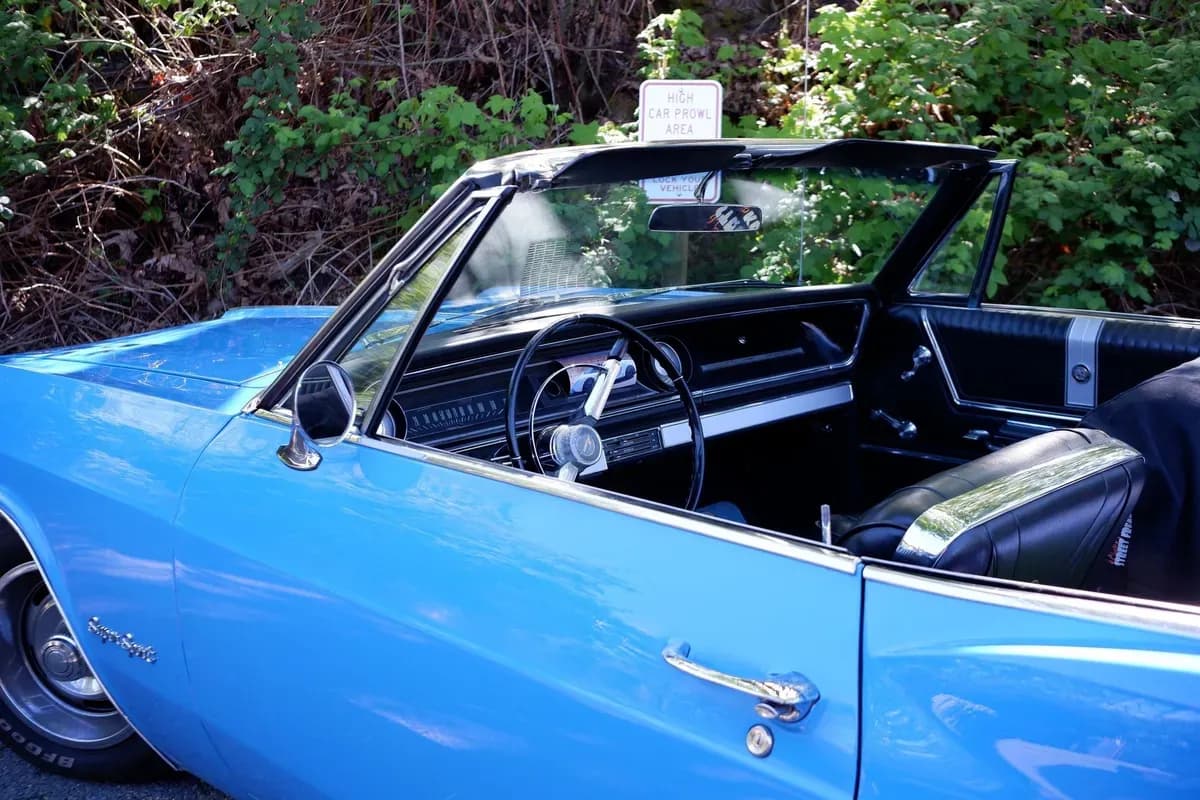 A blue convertible in a leafy car park