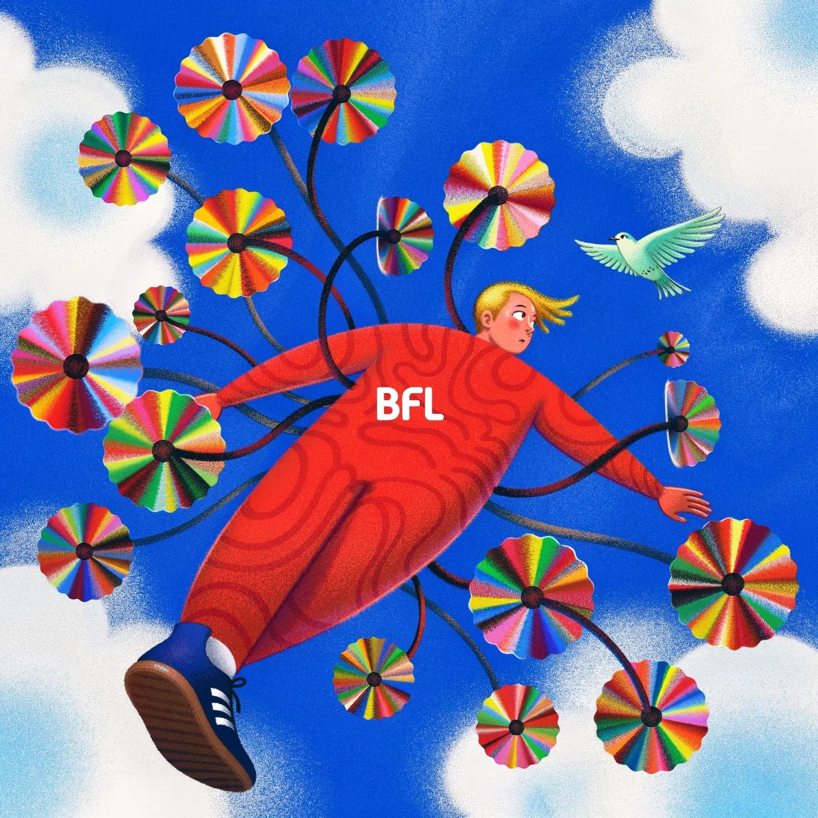 A figure in red floating among rainbow pinwheels