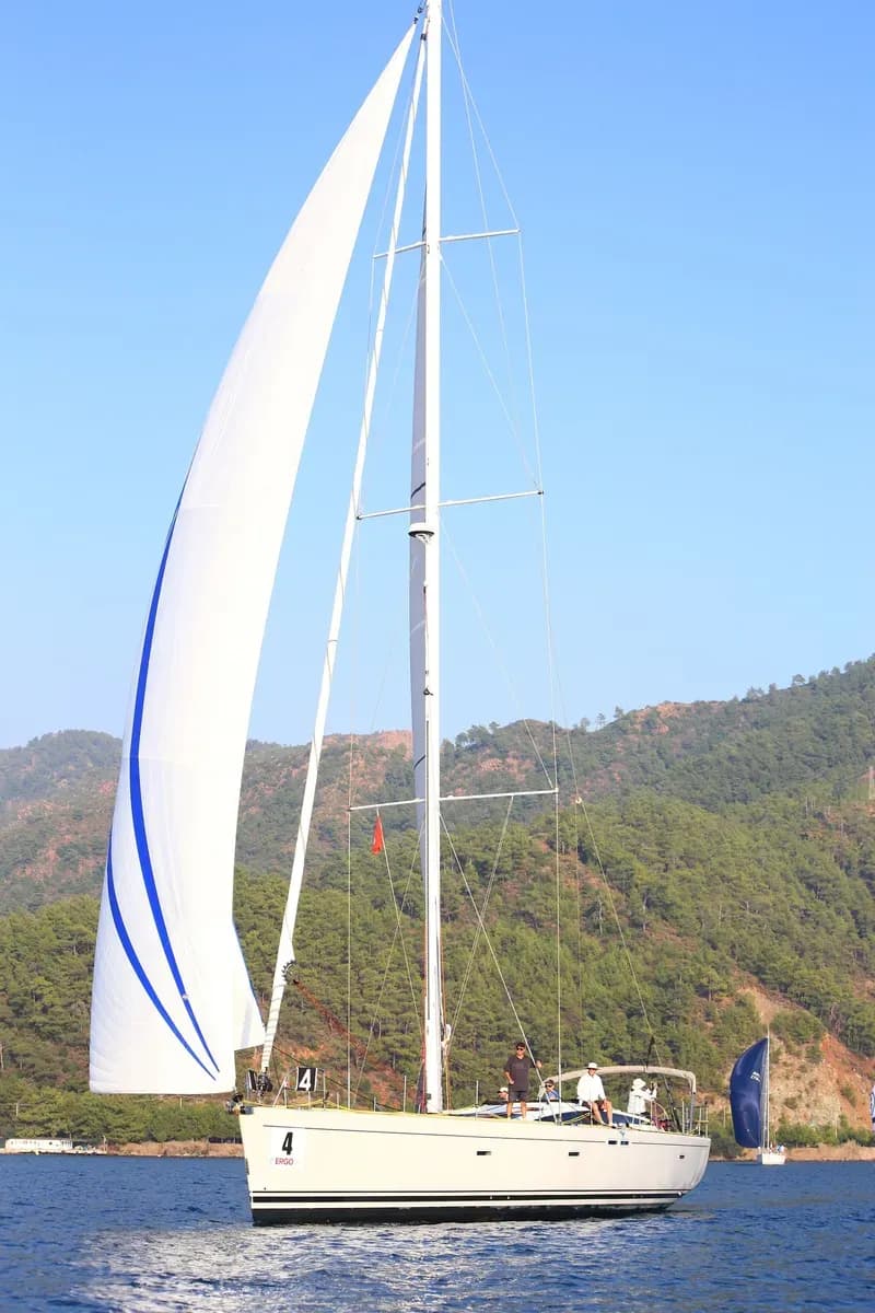 A sailing boat with white sails