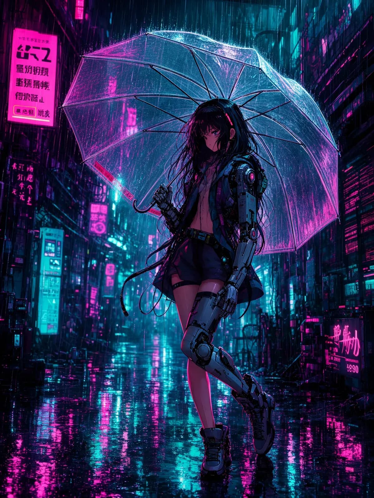 Anime figure with a clear umbrella in a neon street