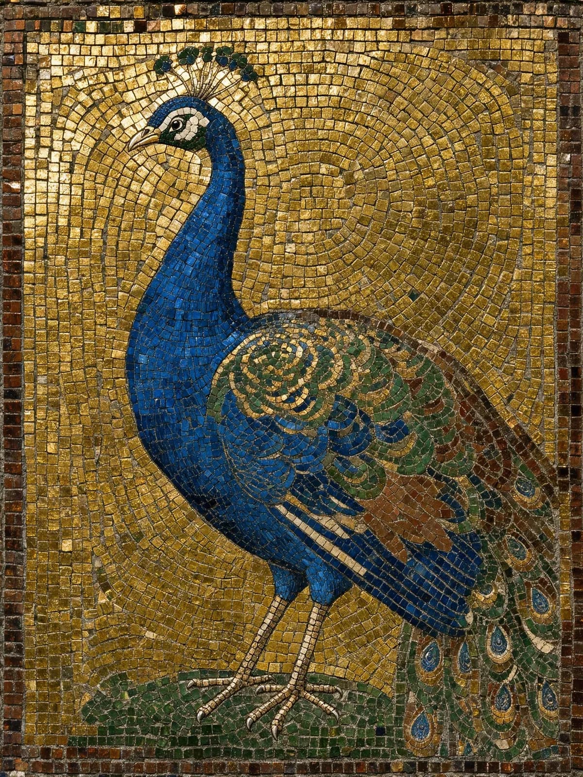Byzantine mosaic of a peacock in blue and gold