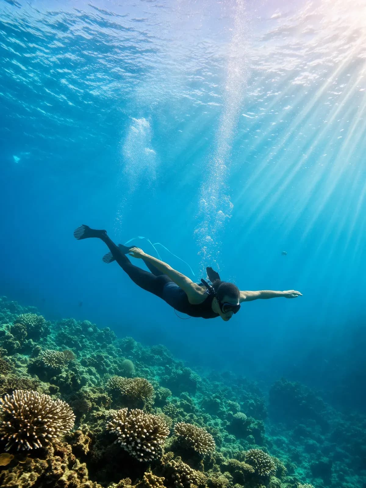 A freediver gliding above a coral reef